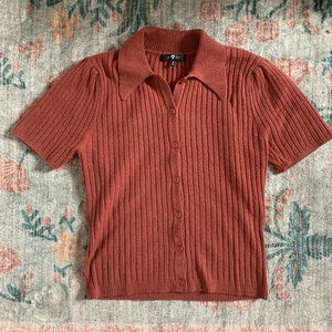 7 For All ManKind Ribbed Sweater Button Down Polo - Rust - Size M